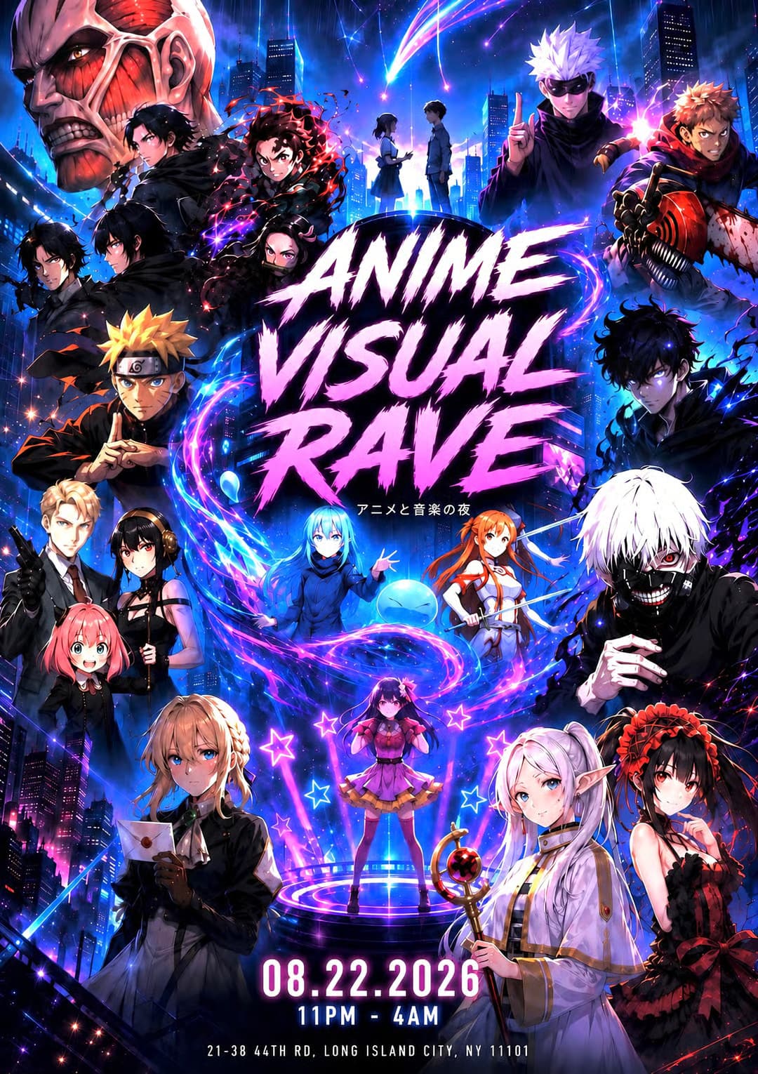 Anime Visual Rave flyer — the Anime NYC after party on Saturday, August 22, 2026, 11PM to 4AM at 00:00, 21-38 44th Rd, Long Island City, NY